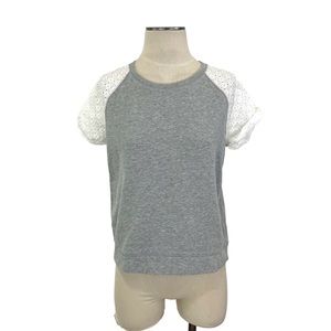 Gap- Heather Gray White Eyelet Trim Short Sleeve Top Size Small